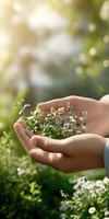 Gentle cupped hands holding delicate white wildflowers and green sprigs against sunlit natural bokeh background, symbolizing care, growth and environmental protection.