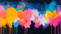 Vibrant paint drips and splatters in neon colors against black background create dynamic abstract art composition with flowing streaks and color blending effects.