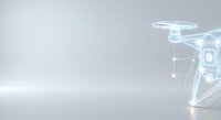 Futuristic drone with holographic wireframe design on clean white background, showcasing advanced technology and innovation for digital projects.