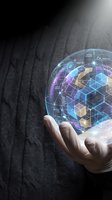 Hand holding glowing digital globe with holographic network connections, blockchain technology, and data visualization for global business, innovation, and digital transformation concepts.