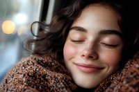 Young woman with closed eyes and peaceful smile wrapped in cozy knit sweater enjoying moment of relaxation and contentment indoors.