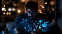 Middle Eastern man with glasses working late at night on laptop with glowing blue digital real estate icons and network connections floating in dark ambient lighting.