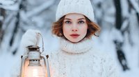 Young woman in white knitted hat and sweater holding vintage lantern in snowy winter forest, creating cozy seasonal atmosphere.