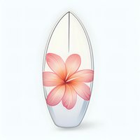 Surfboard with pink plumeria flower design on white background, isolated object for summer sports and beach lifestyle decoration.