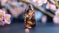 Crystal point with preserved golden flowers inside against blurred pink cherry blossoms background, magical resin art piece with natural botanical elements.