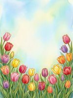 Watercolor tulip garden border with colorful blooms in red, yellow, pink and purple on soft pastel sky background with copy space.