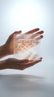Hands protecting glowing digital network diagram with connected nodes and pathways representing data flow, cybersecurity, and technological innovation concepts.