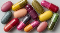 Colorful pharmaceutical capsules and pills in various shapes and sizes with glittery and matte finishes on gray background.