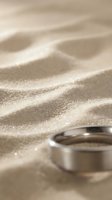 Elegant wedding rings resting on smooth sand dunes with soft natural lighting creating romantic shadows and textures for luxury jewelry photography.