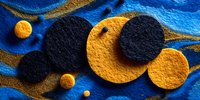 Abstract composition with black and yellow felt circles on blue textured background with gold accents. Modern minimalist design for creative projects.