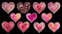 Decorative heart shapes with ornamental patterns, watercolor textures, and floral designs in pink, red, and gold tones. Isolated on transparent background, ready for t-shirt designs, clipart, stickers, sublimation, and print-on-demand projects.