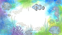 Underwater ocean frame with tropical fish, coral reef, seahorse and marine life in watercolor style for aquatic themed designs and educational materials.