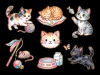 Cute kawaii cat sticker set isolated on transparent background, ready for t-shirt design, clipart, print on demand, stickers, and sublimation projects.