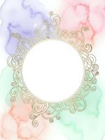 Ornate golden circular frame with decorative swirls on pastel watercolor background. Copy space for text, invitations, greeting cards, wedding designs.