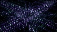 Abstract digital network with glowing purple data streams and particles flowing in multiple directions creating futuristic cyber space visualization.