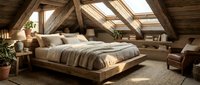 Cozy attic bedroom with wooden beams, skylights, and natural light featuring a platform bed with neutral bedding, potted plants, and rustic furnishings for home design inspiration.