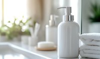 White ceramic soap dispenser on bathroom counter with fresh towels and spa accessories in bright modern interior, creating serene wellness atmosphere.