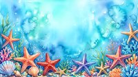 Watercolor ocean background with colorful starfish, seashells, and coral on a blue aqua backdrop, perfect for summer cards and banners.