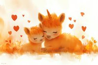 Adorable orange fox parent and cub cuddling in meadow surrounded by floating heart shapes, warm sunset colors create tender atmosphere for children illustration.