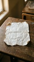 Aged crumpled paper sheets on rustic wooden desk in vintage study room with warm natural lighting for historical document design projects.