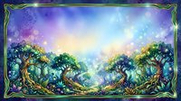 Enchanted forest landscape with ancient trees, glowing magical lights, and mystical atmosphere under starry sky, suitable for fantasy artwork and game design.