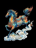 Ornate mythical horse with flowing mane and tail, decorated in vibrant blue, orange, and gold patterns, leaping through stylized clouds. Isolated on transparent background, ready for t-shirts, stickers, and print-on-demand designs.
