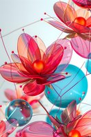 Translucent red and pink floral art with delicate petals and spherical centers against turquoise bubbles creates an ethereal underwater garden effect.