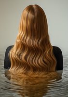 Back view of young woman with long wavy blonde hair sitting in water, wearing black top. Artistic portrait showcasing natural hair waves and reflection in rippling water surface.