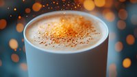Creamy latte topped with cinnamon powder in white ceramic cup against blurred warm bokeh lights background, creating cozy autumn atmosphere.