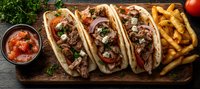 Mexican street tacos with tender pulled beef, fresh onion, cilantro, and tomato salsa served on rustic wooden board with french fries and spicy sauce.