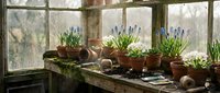 Rustic greenhouse interior with potted lavender plants and gardening tools on weathered wooden table by vintage windows for organic farming concepts.