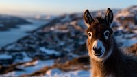 Close up portrait of brown donkey with expressive eyes and alert ears against blurred winter mountain landscape at sunset, showing curiosity and gentle nature.