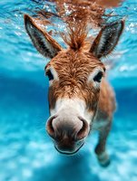 Curious donkey underwater close-up portrait with big ears and expressive eyes against turquoise blue background. Surreal animal photography concept.