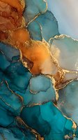 Abstract fluid art with golden veins flowing through turquoise and orange alcohol ink patterns creating luxurious marble texture for modern interior design.