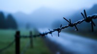 Sharp barbed wire fence stretches across misty rural landscape at dusk, creating atmospheric boundary with blurred mountain silhouettes in background.
