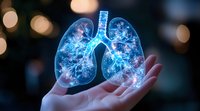 Glowing blue holographic lungs floating above open palm against dark background with bokeh lights, representing medical innovation and respiratory health.