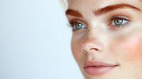 Close-up portrait of young Caucasian woman with freckles, blue eyes and natural makeup showcasing healthy glowing skin and beauty skincare routine.
