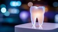 Glowing tooth model on white surface against blurred bokeh background showcases dental care concept with modern lighting effects and professional presentation.