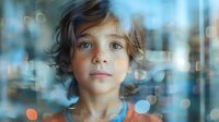 Young boy with blue eyes and wavy brown hair looking up dreamily against blurred bokeh background in soft blue tones, expressing wonder and innocence.