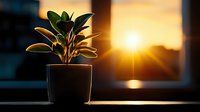 Silhouette of potted rubber plant against window with dramatic golden sunset rays creating warm atmospheric mood for home interior decor and wellness concept.