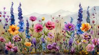 Vibrant wildflowers meadow with delphiniums, cosmos and zinnias in watercolor style against misty mountain backdrop creates dreamy summer garden scene.