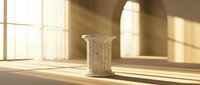 Ancient Greek marble column pedestal in sunlit interior with warm golden light streaming through windows creating dramatic shadows on wooden floor.