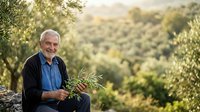 Senior male farmer with gray hair and Mediterranean ethnicity inspecting olive branches in orchard during harvest season, agricultural business and sustainable farming concept.