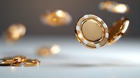 Golden casino chips floating in air against blurred background, dramatic lighting creates luxurious atmosphere for gambling and entertainment concepts.
