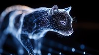 Glowing neon cat with luminescent fur against dark background, suitable for digital art, gaming graphics, and modern design projects.