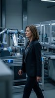 Middle-aged Caucasian female engineer in dark business suit walking through modern robotics laboratory with automated robotic arms and industrial equipment for manufacturing, technology, and automation concepts.
