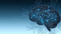 Digital brain with circuit board connections and glowing blue neural networks on gradient background for artificial intelligence and technology concepts.