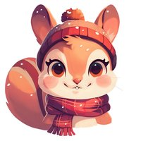 Adorable cartoon squirrel wearing winter hat and scarf with snow falling, illustrated in warm peach and burgundy tones on isolated background for sticker or print design.
