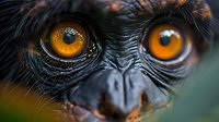 Close-up portrait of young primate with striking orange eyes and dark fur, wildlife photography showcasing natural animal behavior and expression.