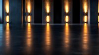 Modern architectural interior with dramatic wall lighting creating symmetrical golden reflections on polished dark floor, atmospheric luxury hallway design.